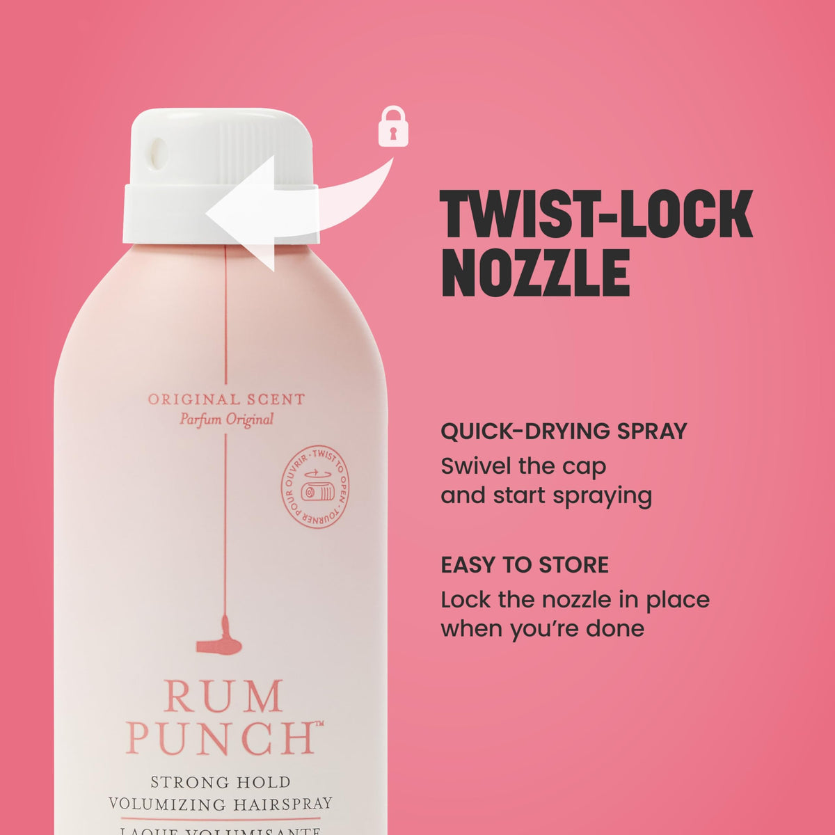 Drybar bottle in travel pouch emphasizing leak-proof, twist-lock convenience