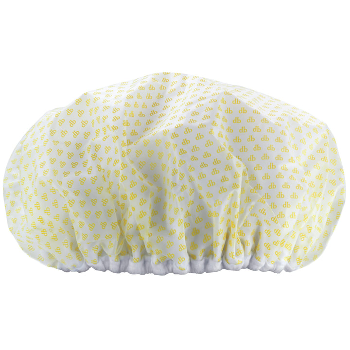 Drybar shower cap front packaging showing extra-large size and protective design