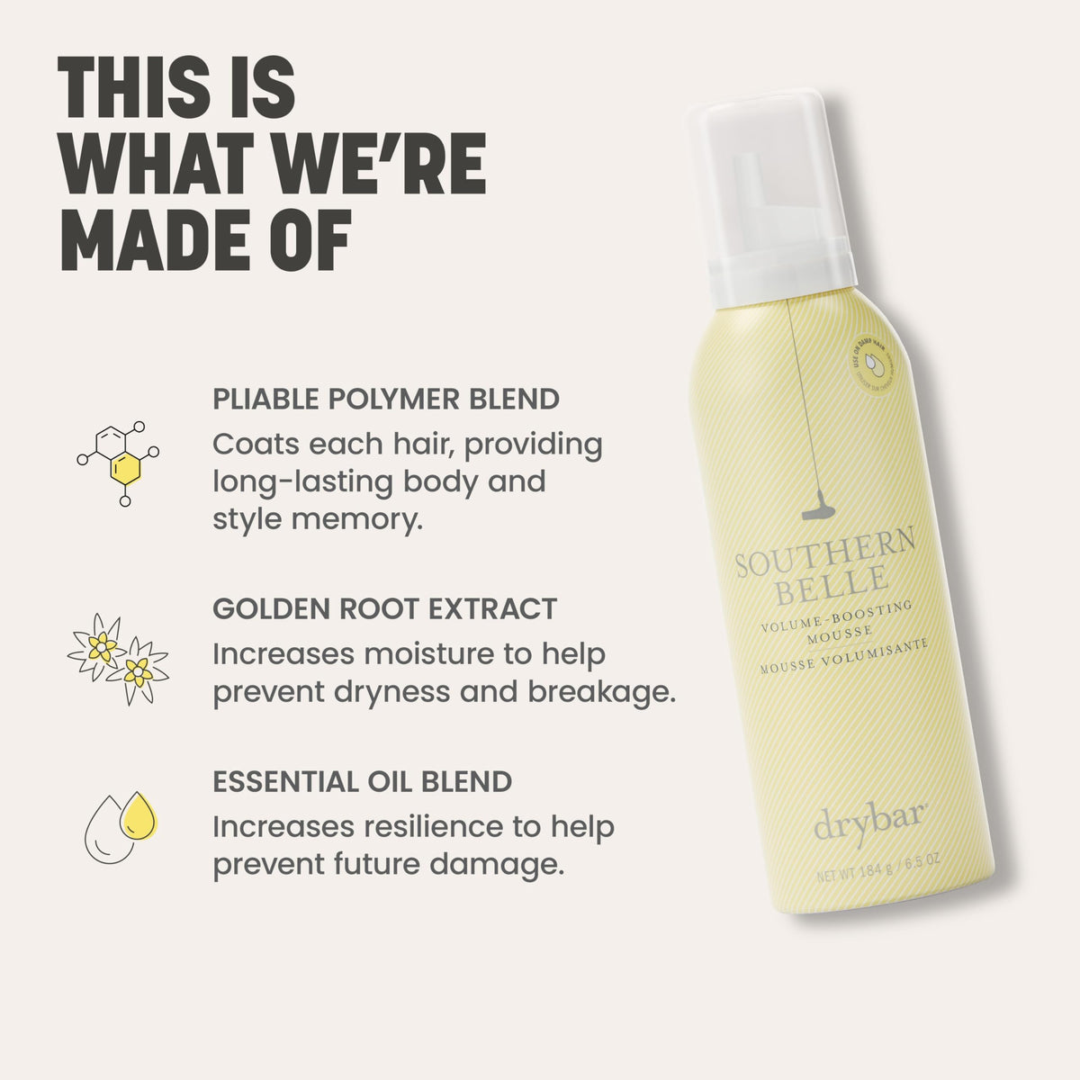 Drybar Southern Belle aerosol dispensing mousse demonstrating quick, even application for styling