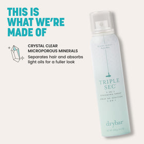 Drybar Triple Sec next to everyday items to show full-size scale benefit