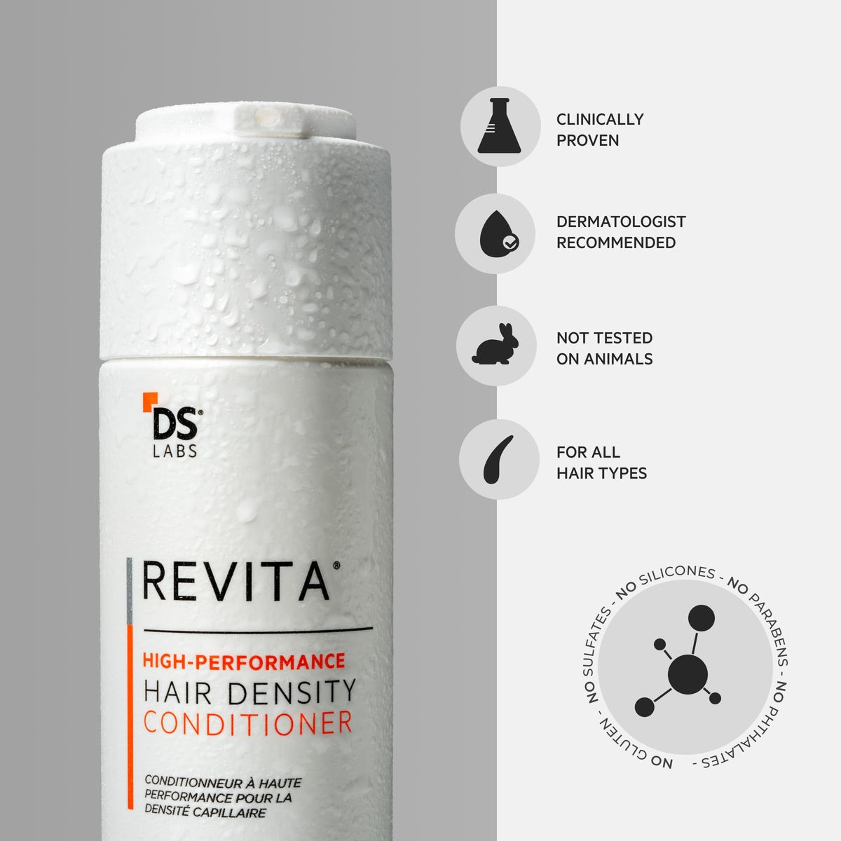 DS Laboratories bottle beside color-treated hair to show color-safe protection