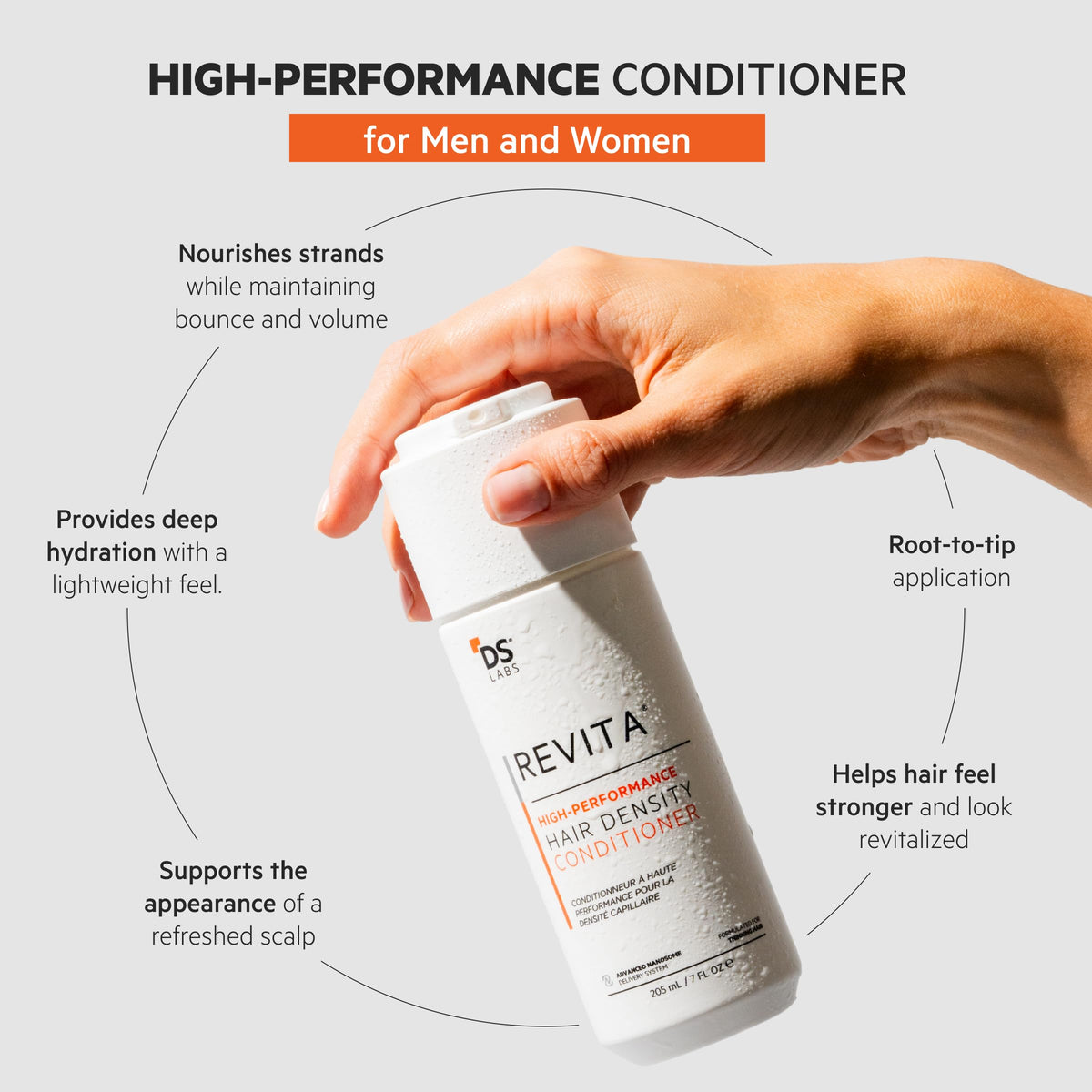 DS Laboratories conditioner pump and cap close-up for easy dispensing benefit