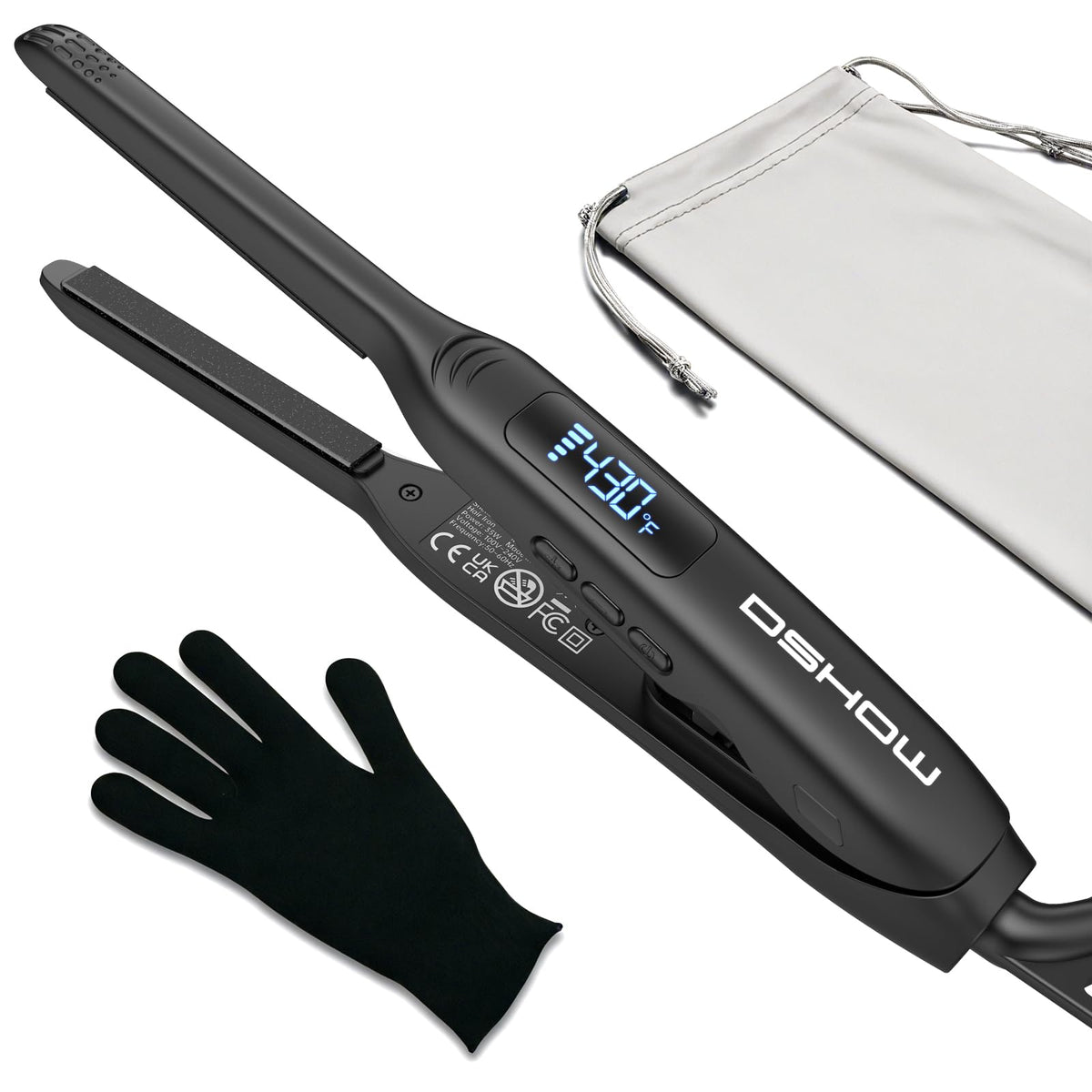 DSHOW front view of mini flat iron showing compact design and quick styling benefit