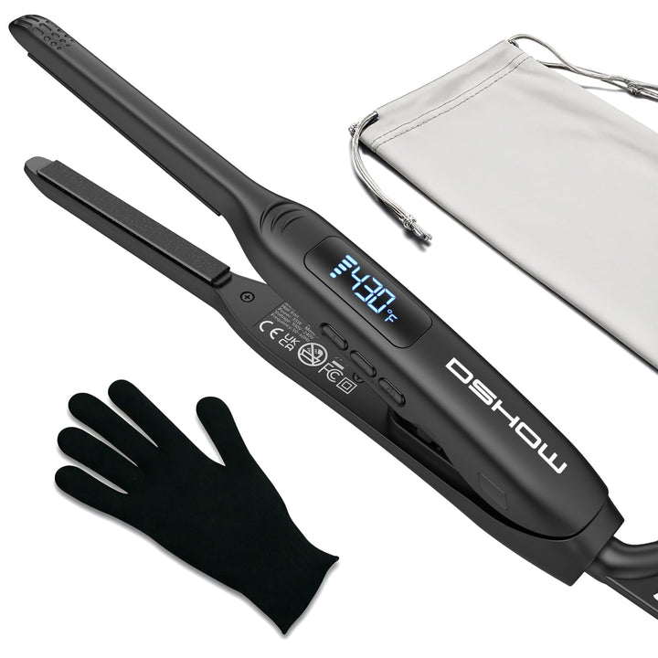 DSHOW front view of mini flat iron showing compact design and quick styling benefit