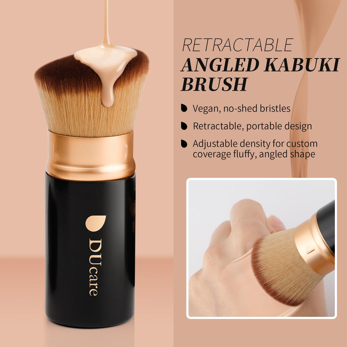 DUcare brush applying liquid foundation demonstrating streak-free coverage