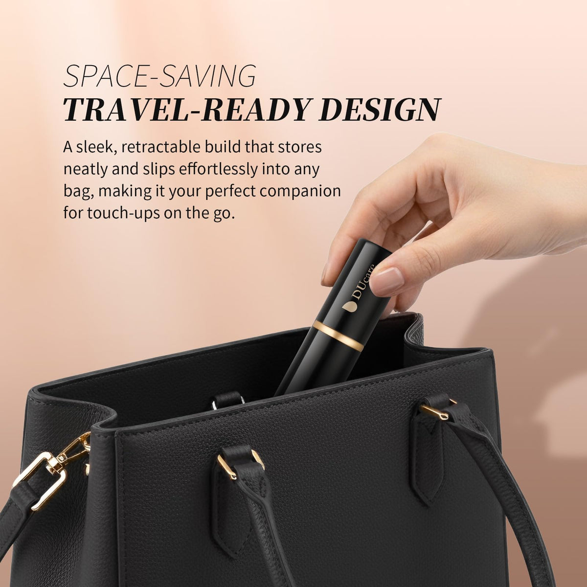DUcare brush beside travel bag showing compact size and easy portability