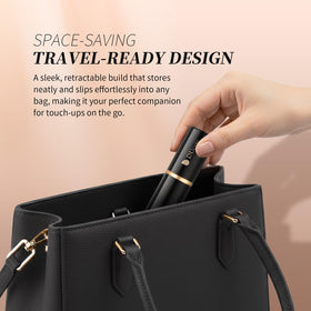 DUcare brush beside travel bag showing compact size and easy portability