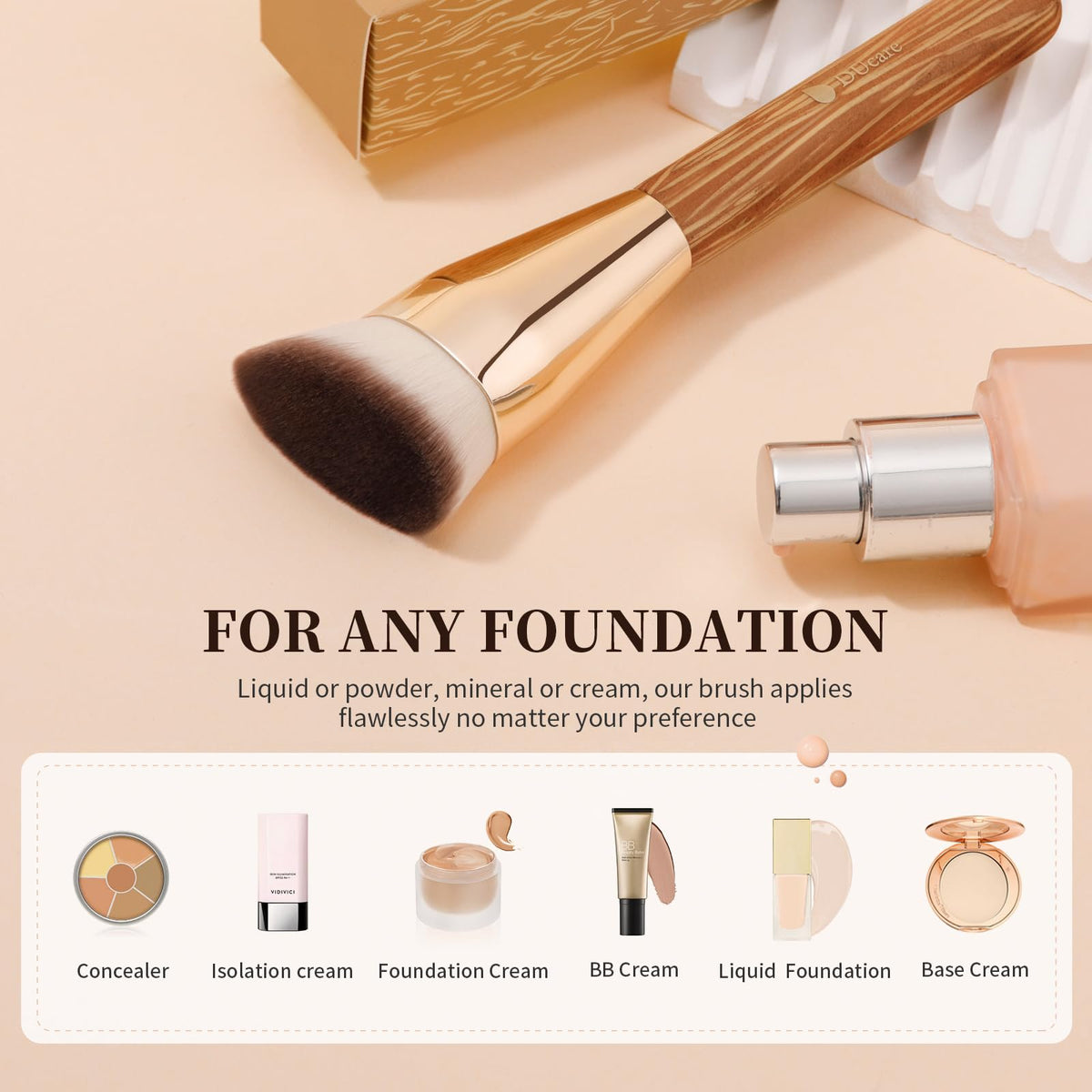 DUcare brush with liquid foundation swatch demonstrating even pickup