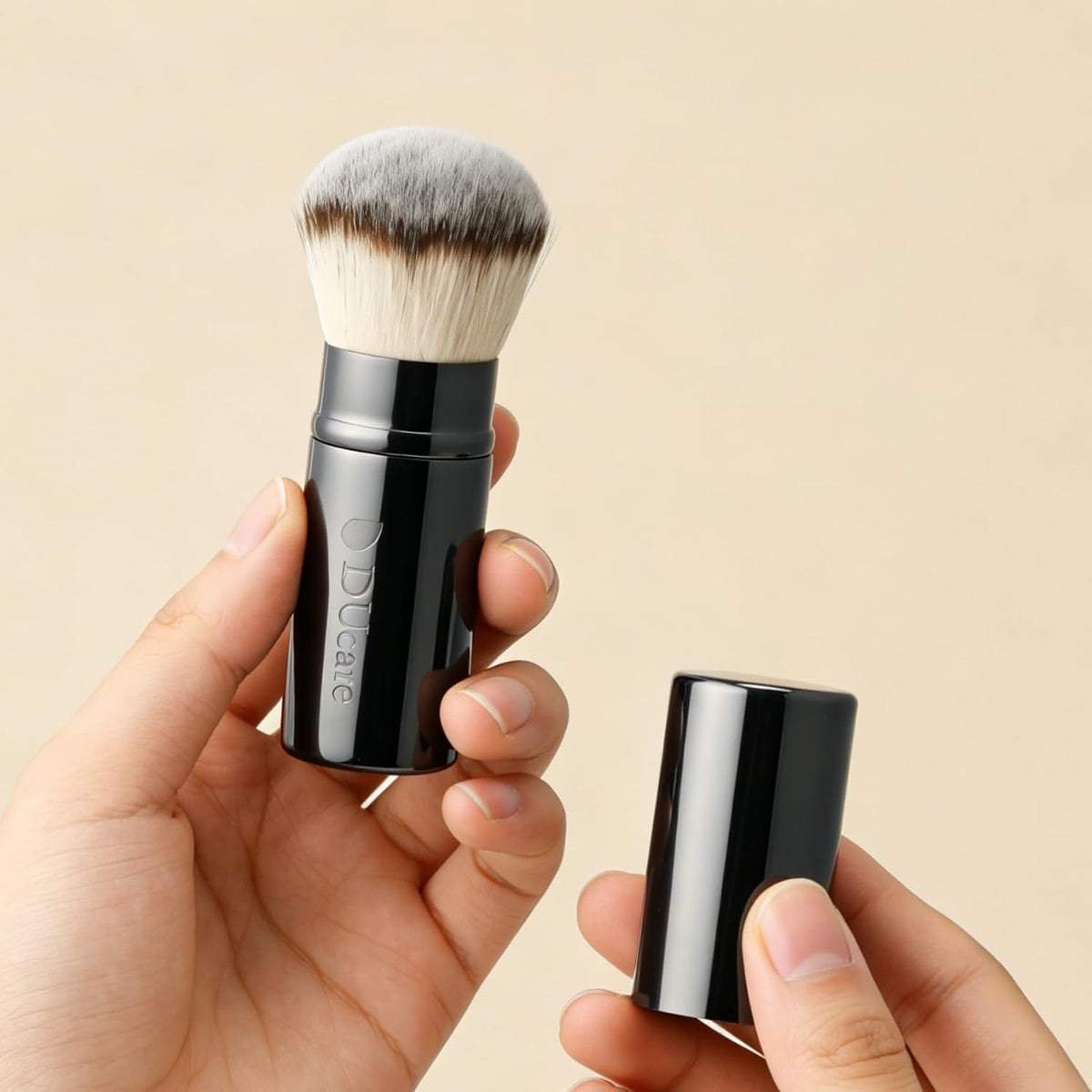 DUcare brush with self-tanner demo showing streak-free, buildable coverage