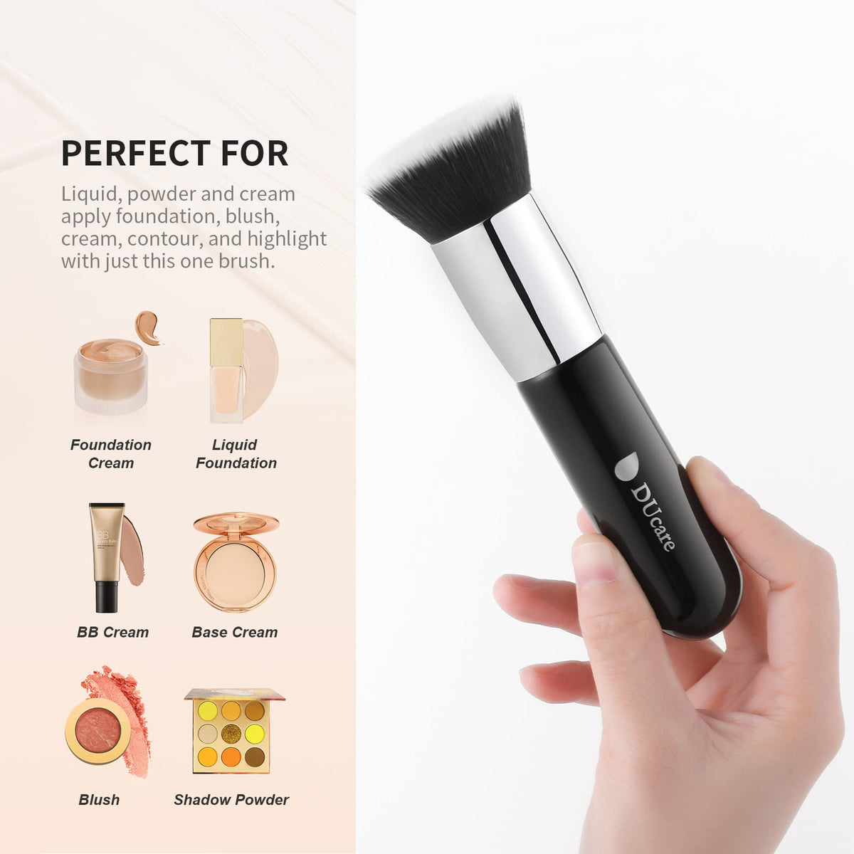 DUcare brush held in hand illustrating size and easy control