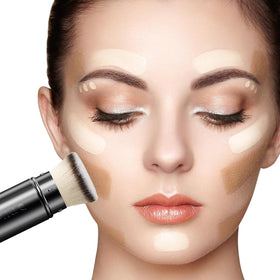 DUcare brush staged with travel bag and makeup for on-the-go beauty application