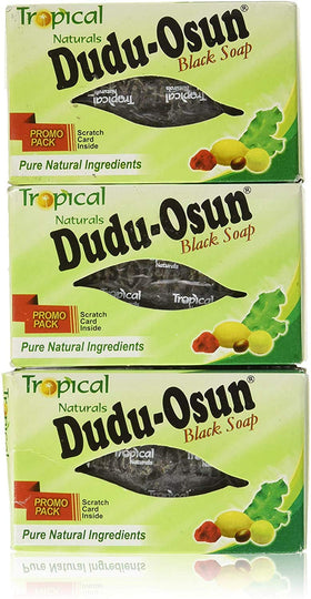 Dudu-Osun front packaging showing five natural black soap bars and benefits