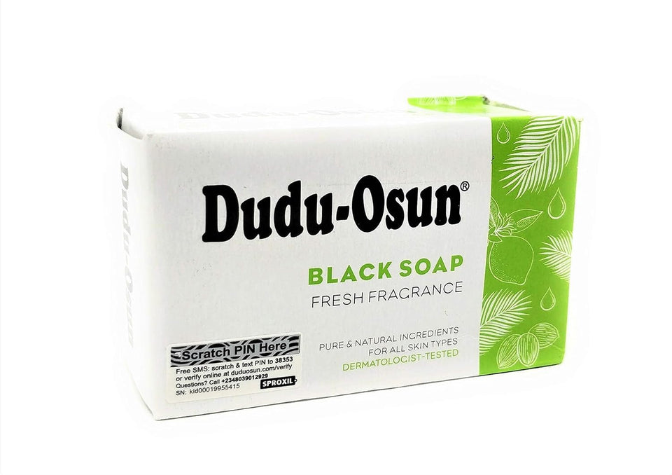 Dudu-Osun front packaging showing four 150g bars and ingredient emphasis for natural cleansing