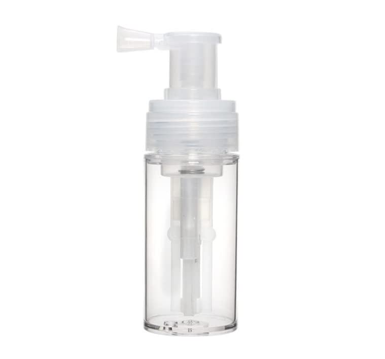 Duehut front view of transparent powder spray bottle showing compact design and portability
