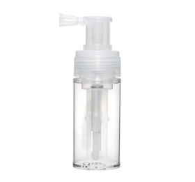 Duehut front view of transparent powder spray bottle showing compact design and portability