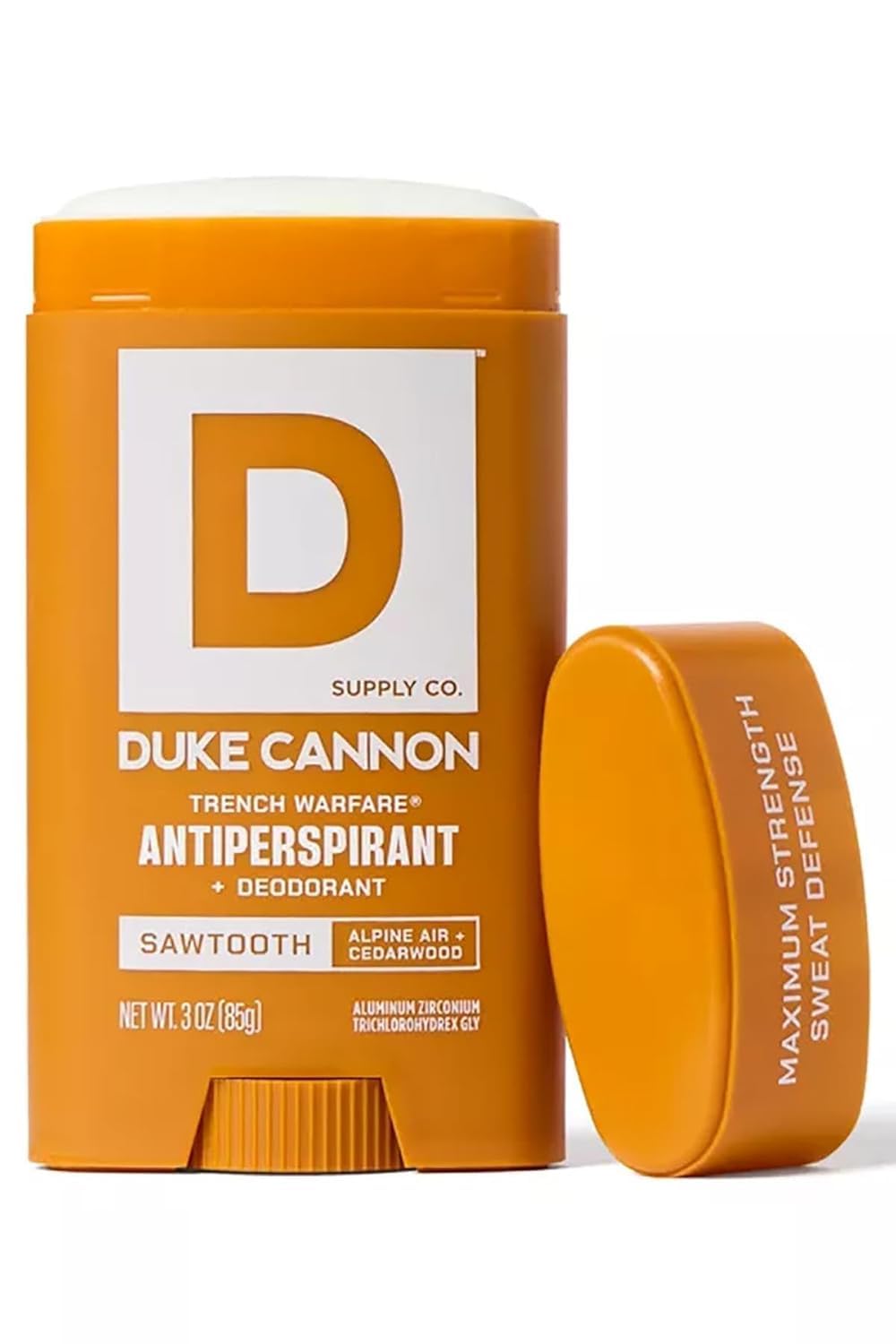 Duke Cannon 3 oz antiperspirant next to a phone for size and portability