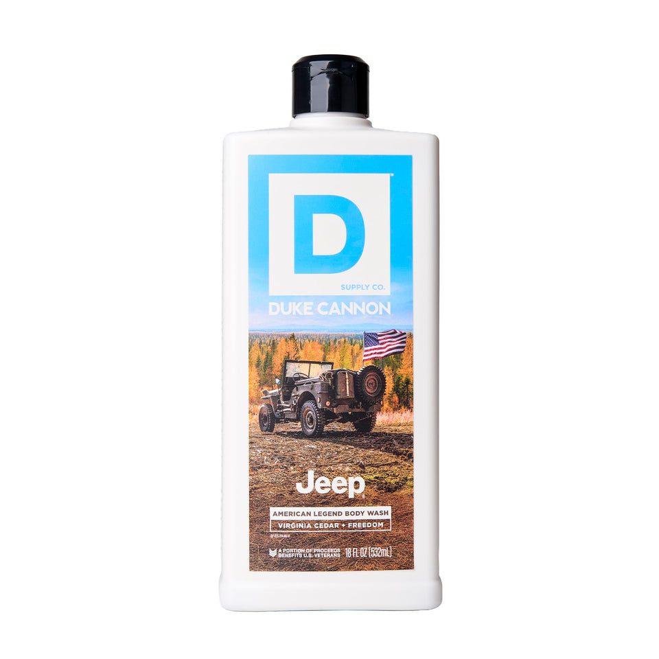 Duke Cannon front bottle showing 18 oz label and bold design benefit long-lasting use