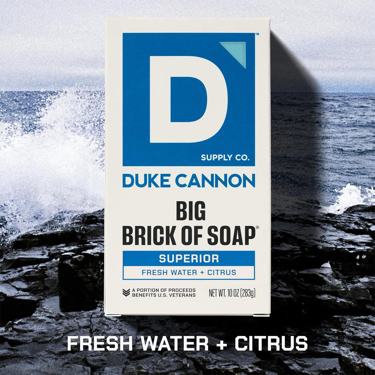 Duke Cannon bar held in hand to show 10 oz scale and longer-lasting value