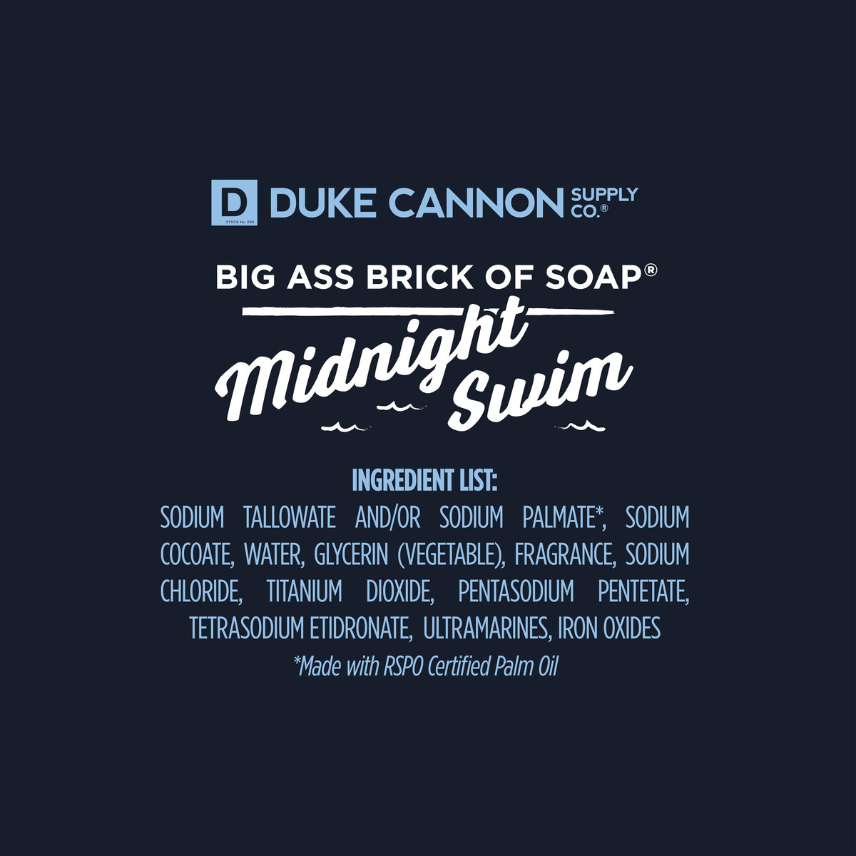 Duke Cannon label detail showing Midnight Swim scent and clear ingredient panel