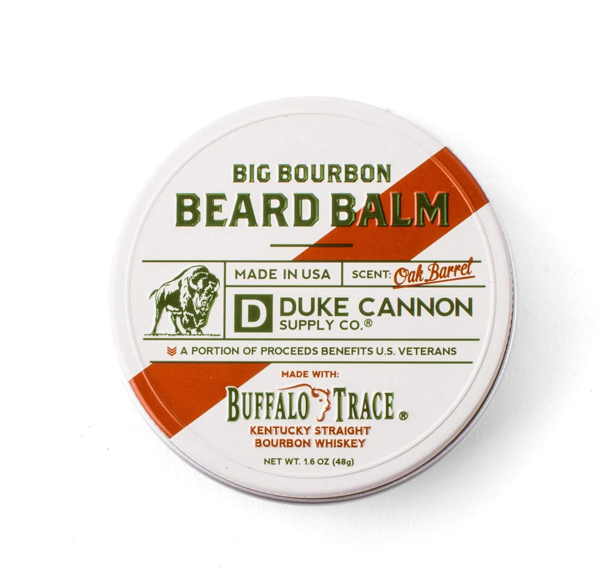 Duke Cannon front tin showing Oak Barrel scent and travel-ready benefit