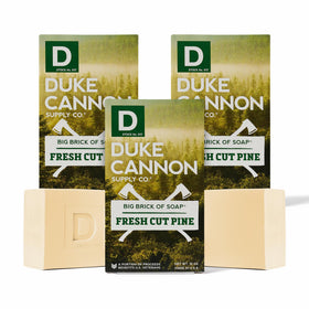 Duke Cannon front packaging showing big brick bar and bold label, highlights longevity