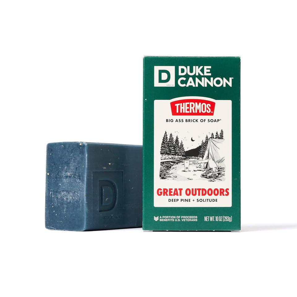 Duke Cannon front packaging showing 10 oz brick and rugged branding benefit durability