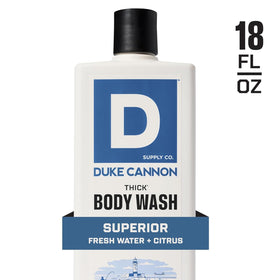 Label detail on Duke Cannon bottle showing scent and ingredient clarity