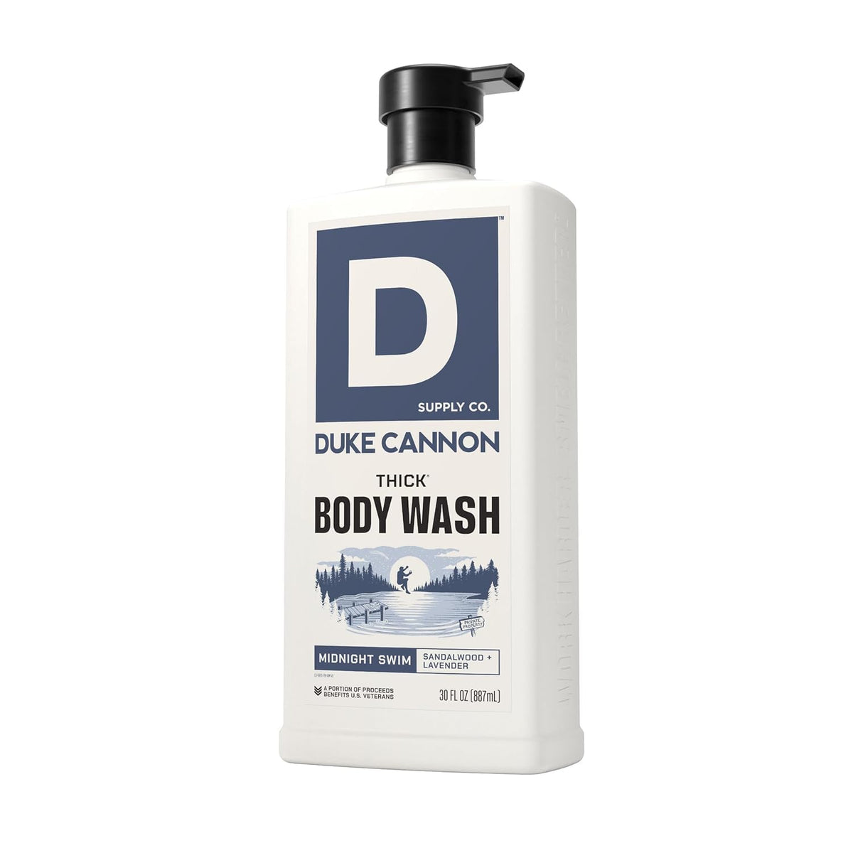30 fl oz Duke Cannon bottle next to hand demonstrating size and long‑lasting benefit