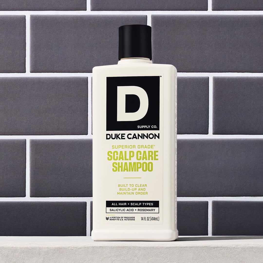 Duke Cannon bottle next to hand for 14 oz size and scale clarity