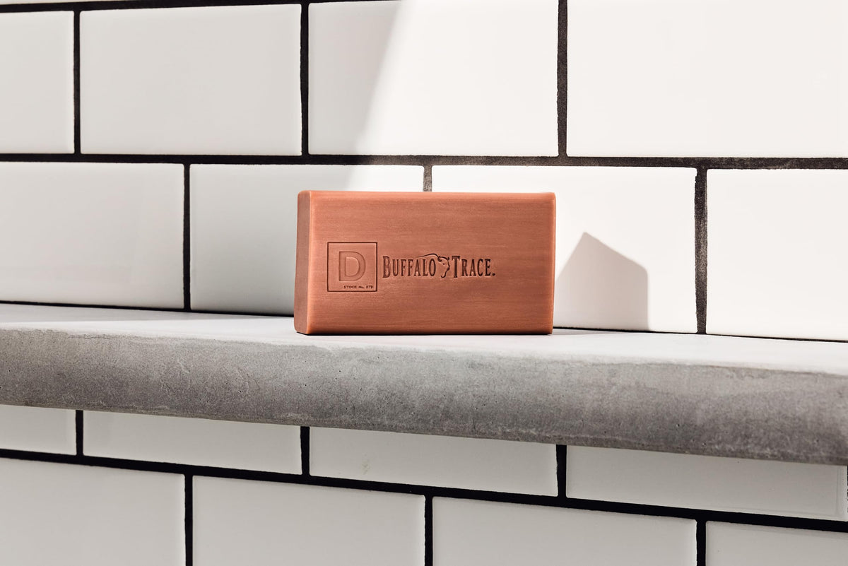 Duke Cannon soap staged in bathroom showing masculine lifestyle and grooming appeal