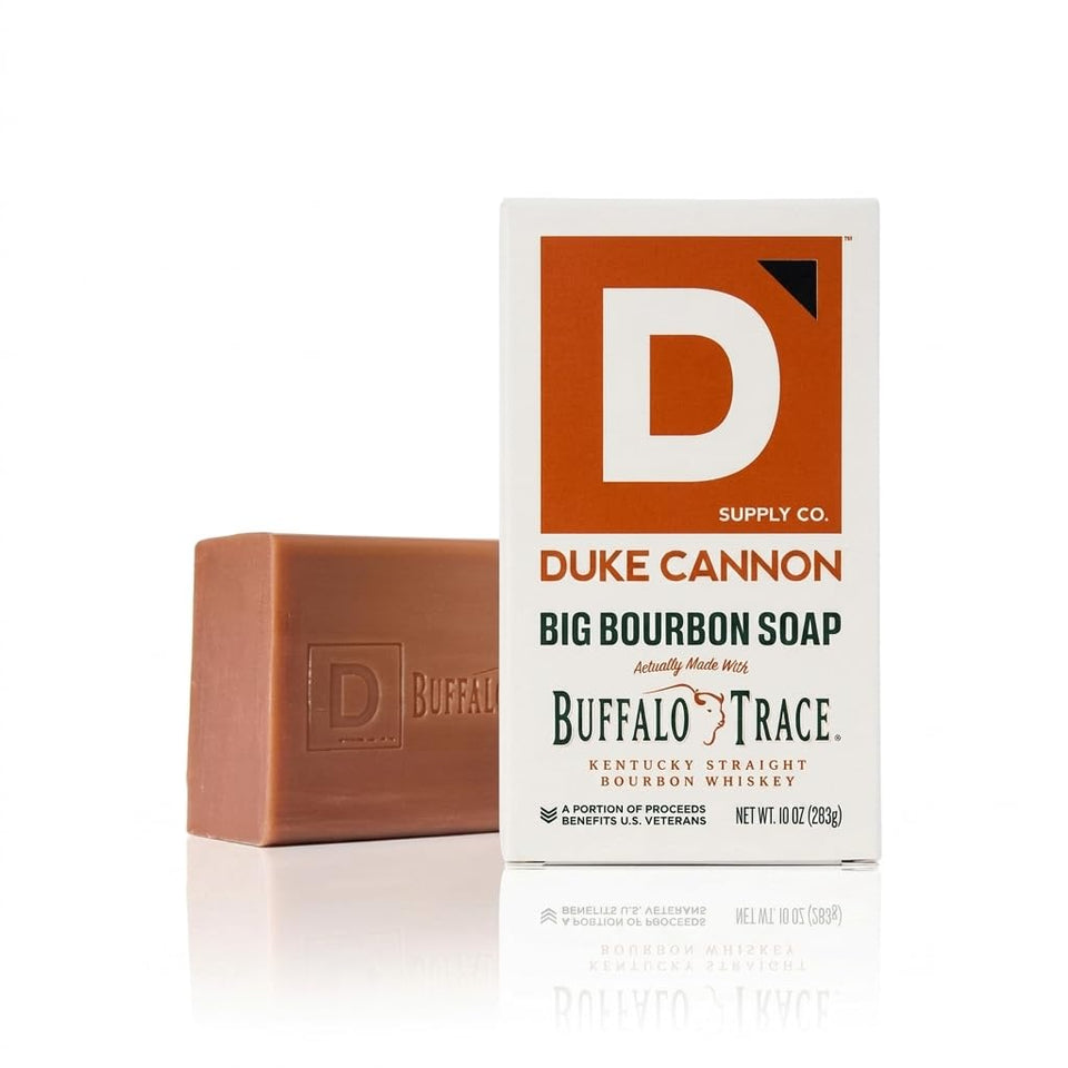 Duke Cannon front packaging showing bold bourbon branding and large 10 oz benefit