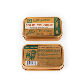 Duke Cannon bourbon solid cologne ingredient list detail emphasizing skin-friendly formula