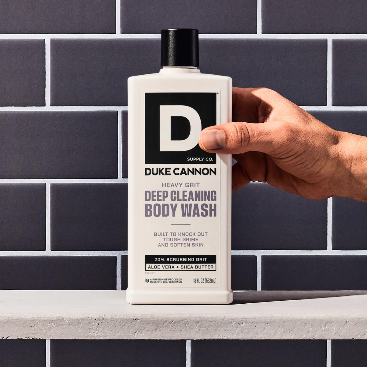 Duke Cannon cap and dispenser detail for easy one-handed control benefit