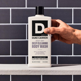 Duke Cannon cap and dispenser detail for easy one-handed control benefit