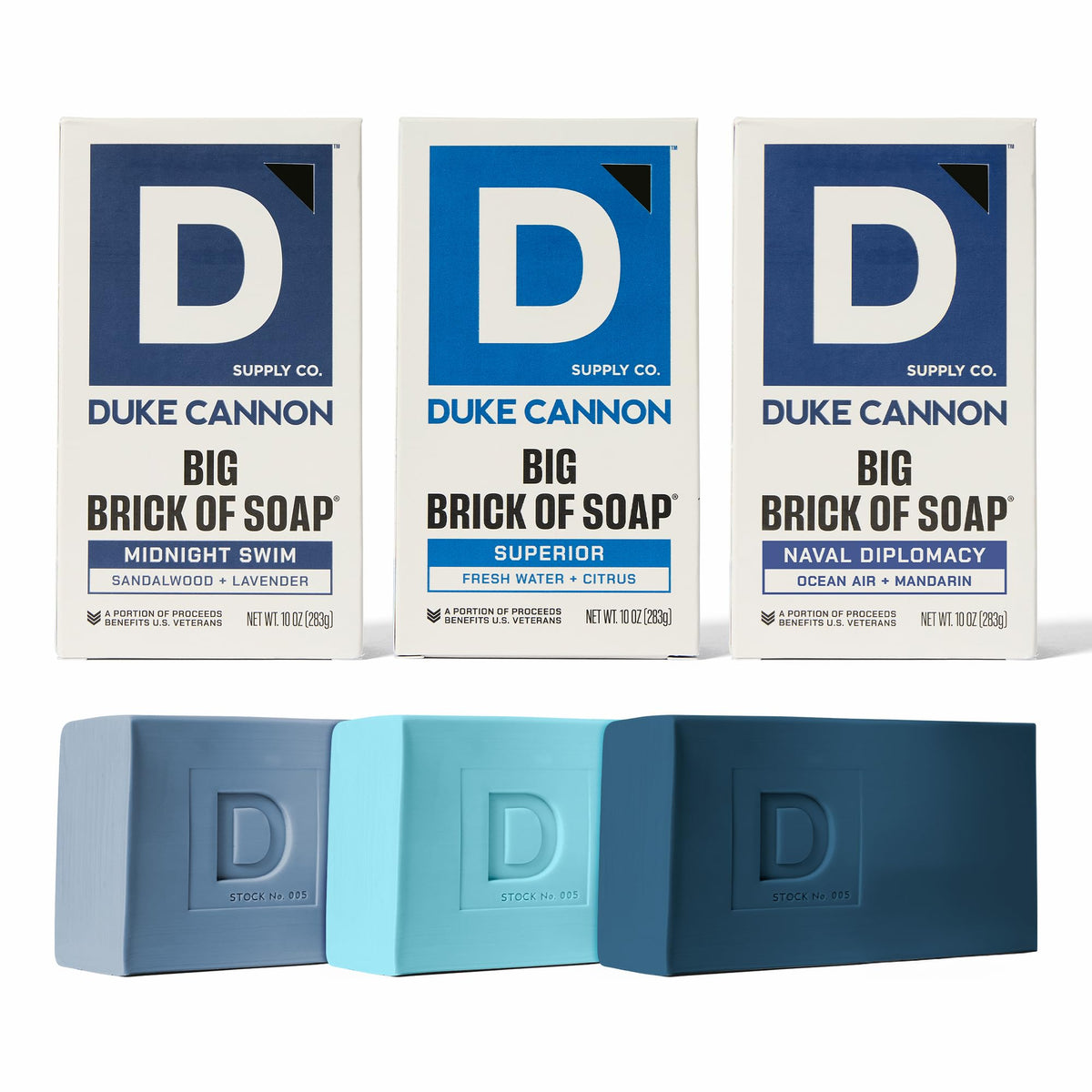 Duke Cannon three-pack front packaging shows all three aquatic fragrances and durable box