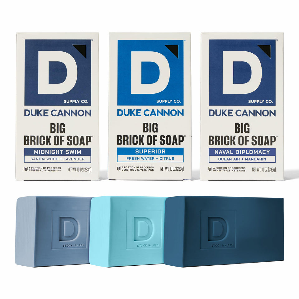 Duke Cannon three-pack front packaging shows all three aquatic fragrances and durable box