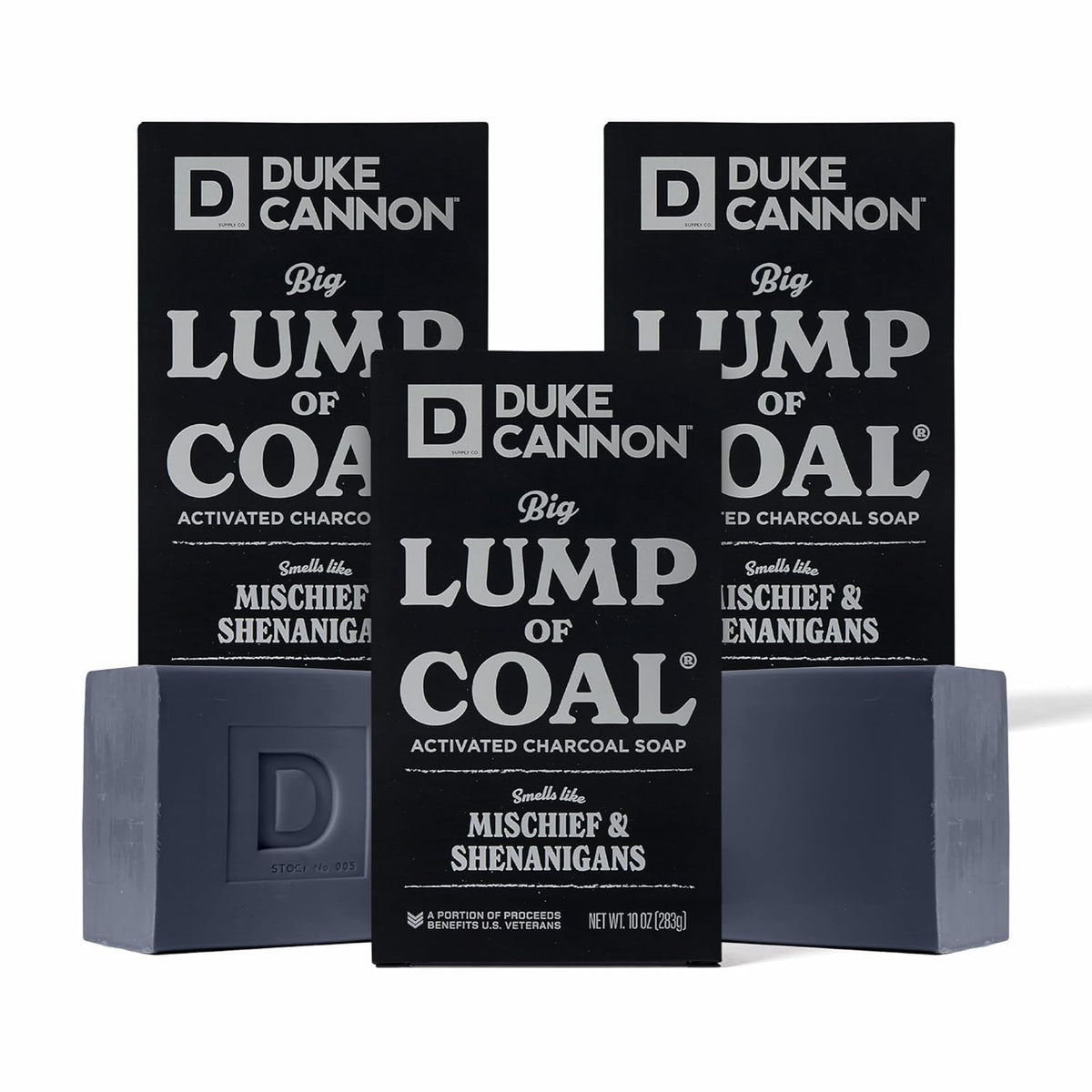 Duke Cannon front packaging showing holiday edition and benefit: long-lasting bar
