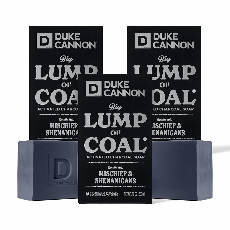 Duke Cannon front packaging showing holiday edition and benefit: long-lasting bar