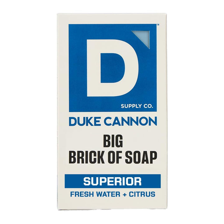 Duke Cannon front packaging showing Frsh Water + Citrus scent and durable big-brick benefits
