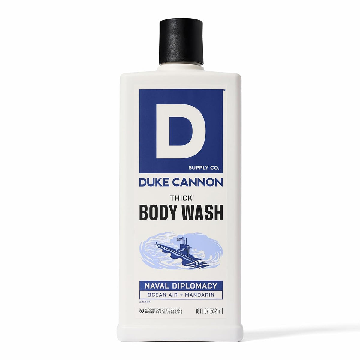 Duke Cannon front packaging showing Naval Diplomacy scent and bold design benefits