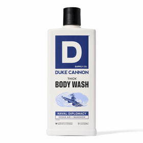 Duke Cannon front packaging showing Naval Diplomacy scent and bold design benefits
