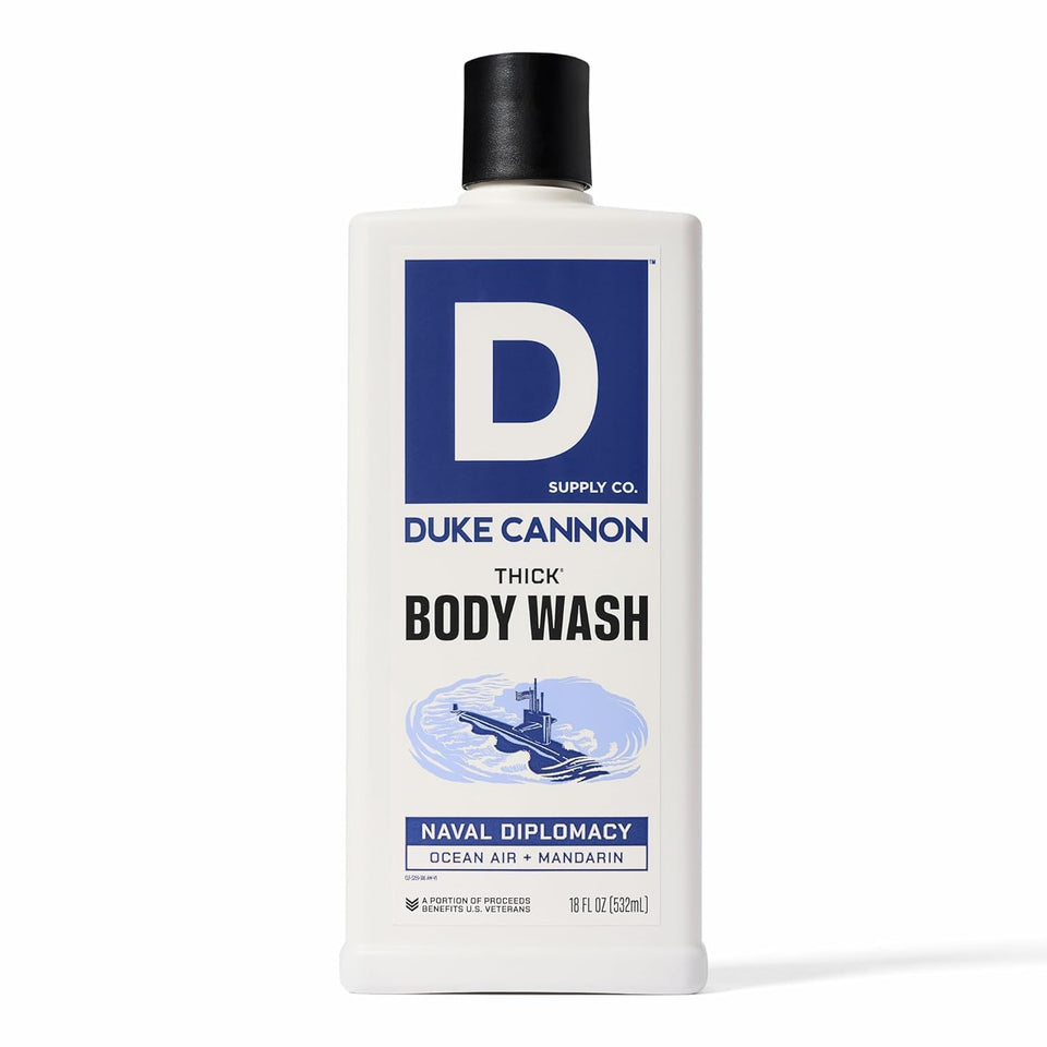 Duke Cannon front packaging showing Naval Diplomacy scent and bold design benefits