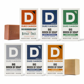 Duke Cannon front packaging showing six large soap bars and branding benefits