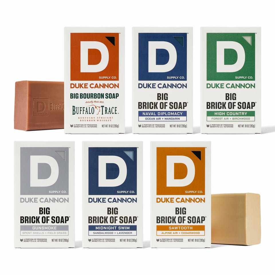 Duke Cannon front packaging showing six large soap bars and branding benefits