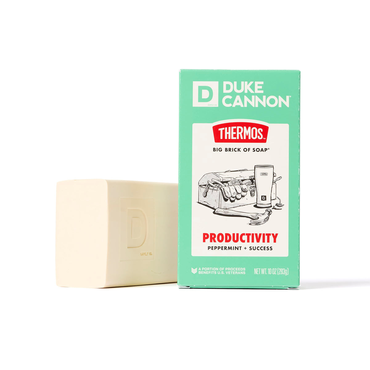 Duke Cannon front packaging showing limited-edition Thermos collaboration and peppermint scent for long-lasting use