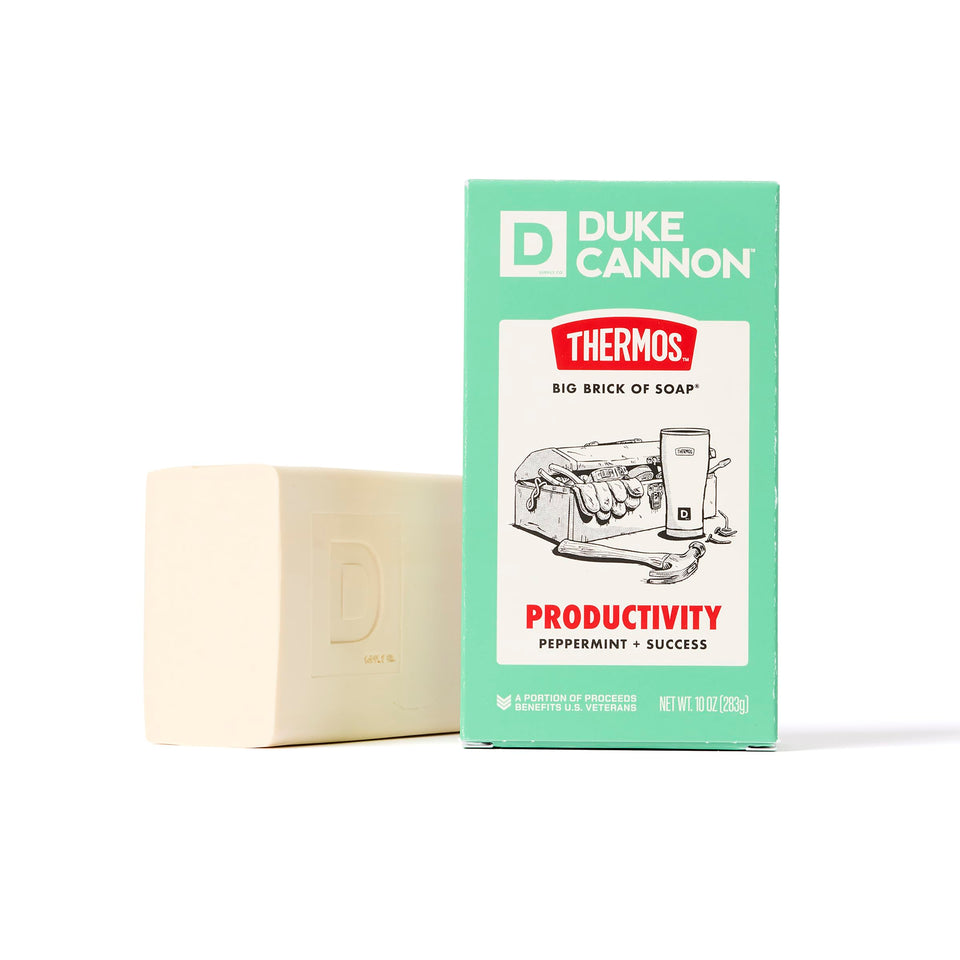 Duke Cannon front packaging showing limited-edition Thermos collaboration and peppermint scent for long-lasting use