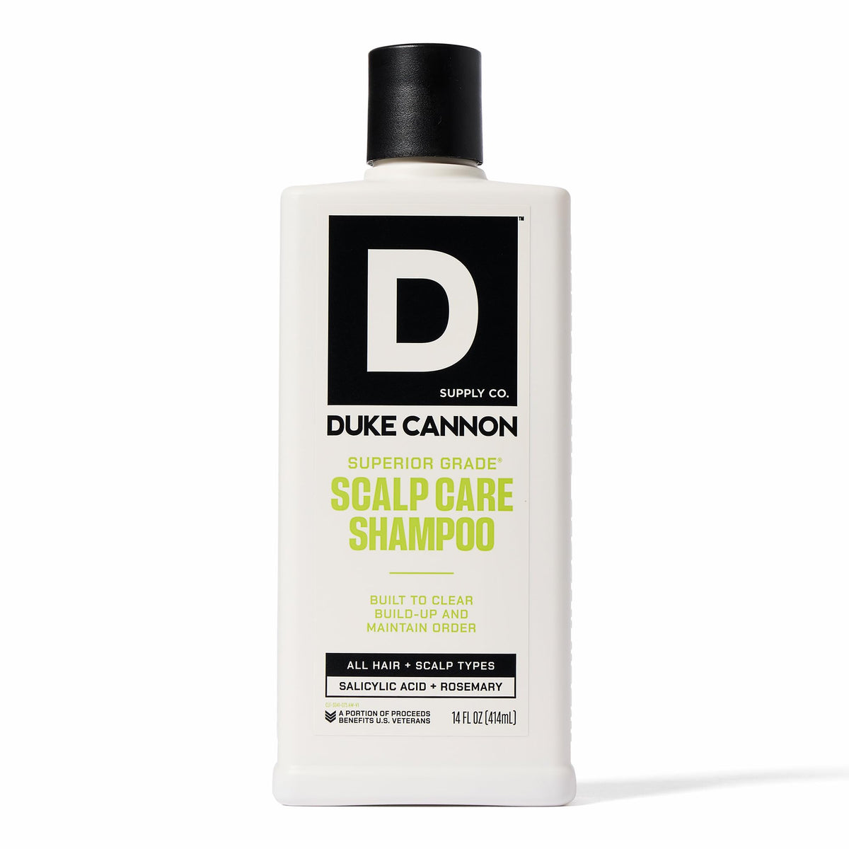 Duke Cannon front packaging showing full 14 oz bottle and bold label benefit
