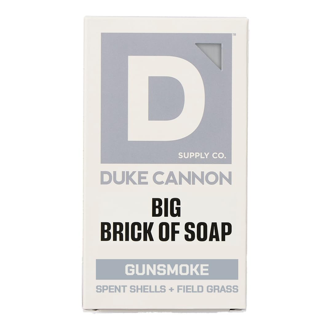Duke Cannon front packaging showing large gun smoke soap and durability benefit