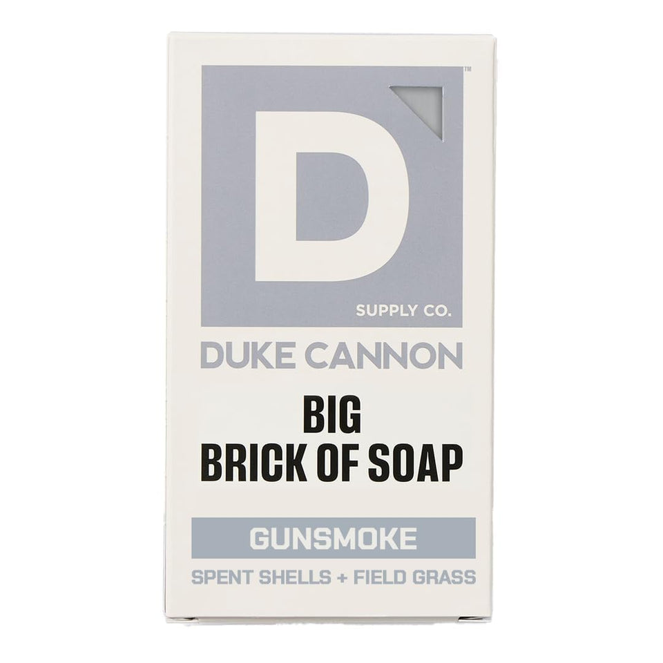 Duke Cannon front packaging showing large gun smoke soap and durability benefit