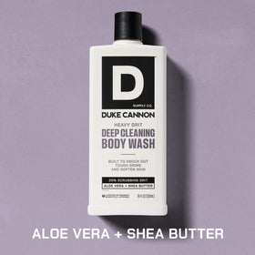 Duke Cannon back label close-up listing ingredients and usage benefits
